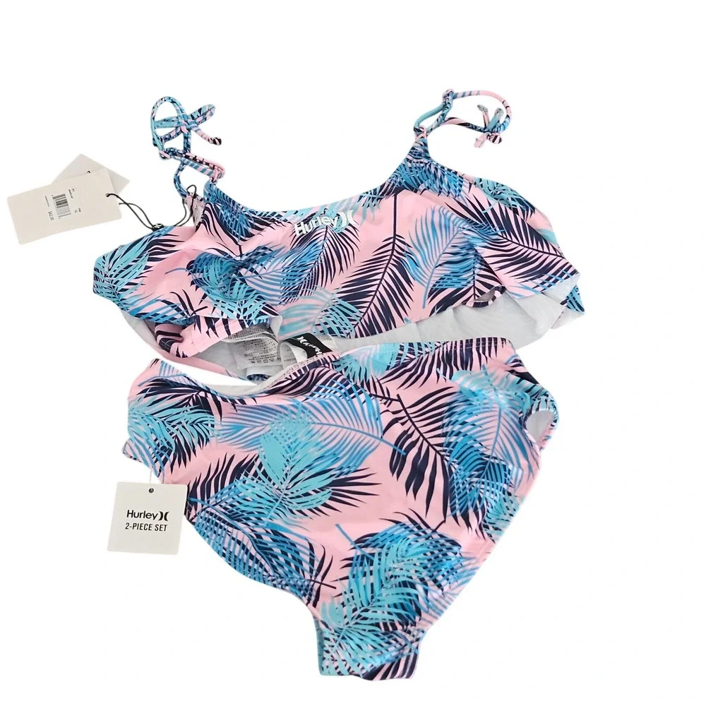 Hurley Girls XL 13-15Y‎ Pink Blue Tropical Palm 2-Piece Bikini Swimsuit NEW